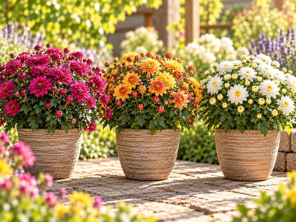 Drei Chrysanthemensorten in Töpfen nebeneinander, mit pinken, orangen und weißen Blüten