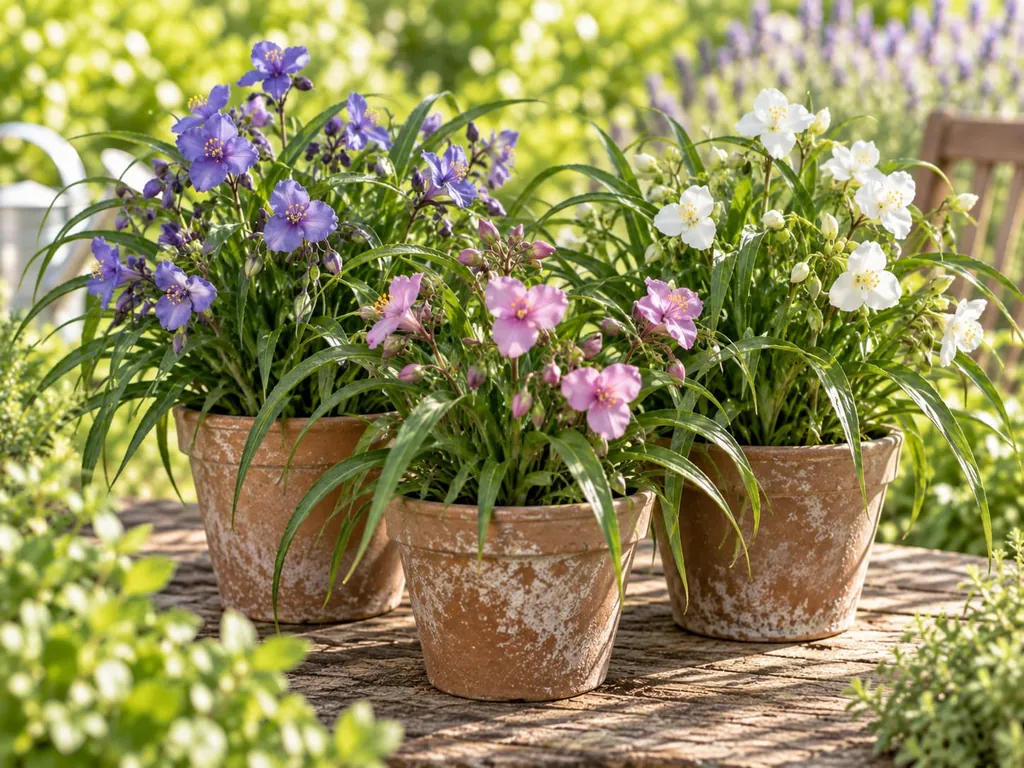 Mehrere Dreimasterblumen in Tontöpfen nebeneinander, mit blauen, violetten und weißen Blüten