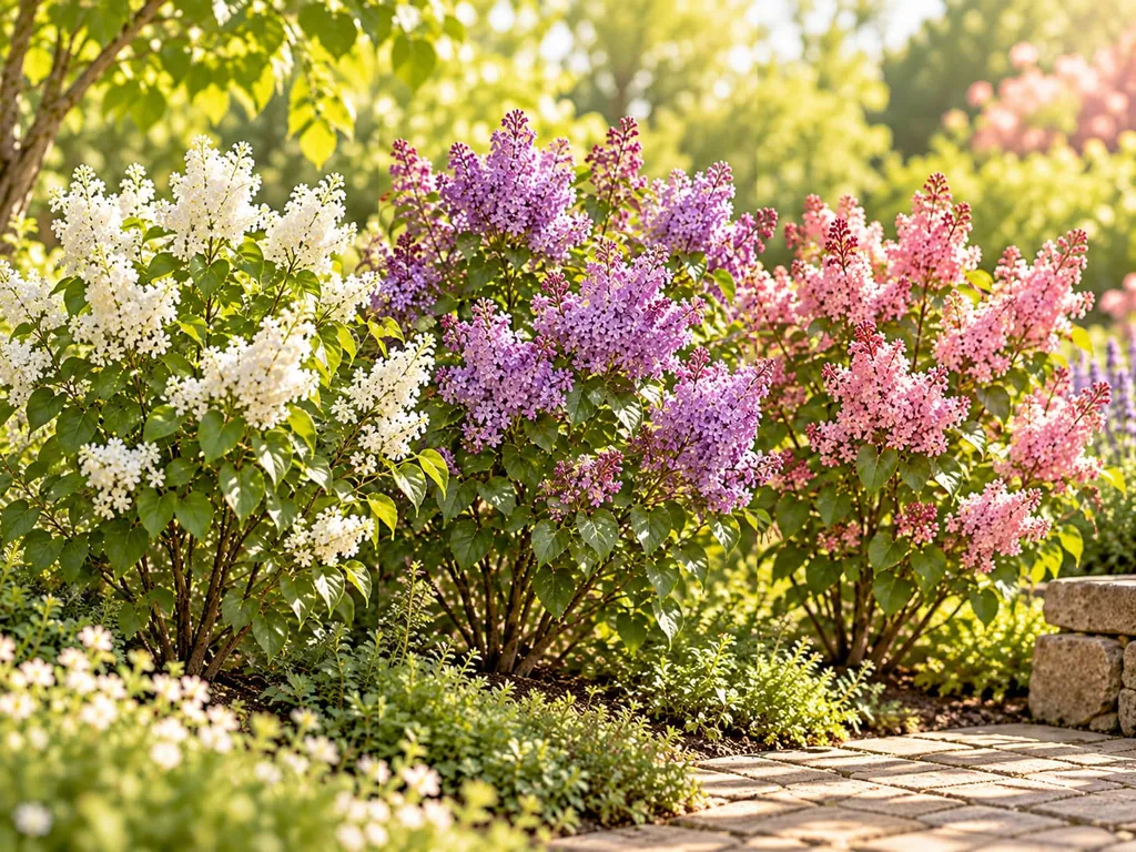 Drei Fliedersträucher nebeneinander, mit weißen, violetten und rosa Blüten