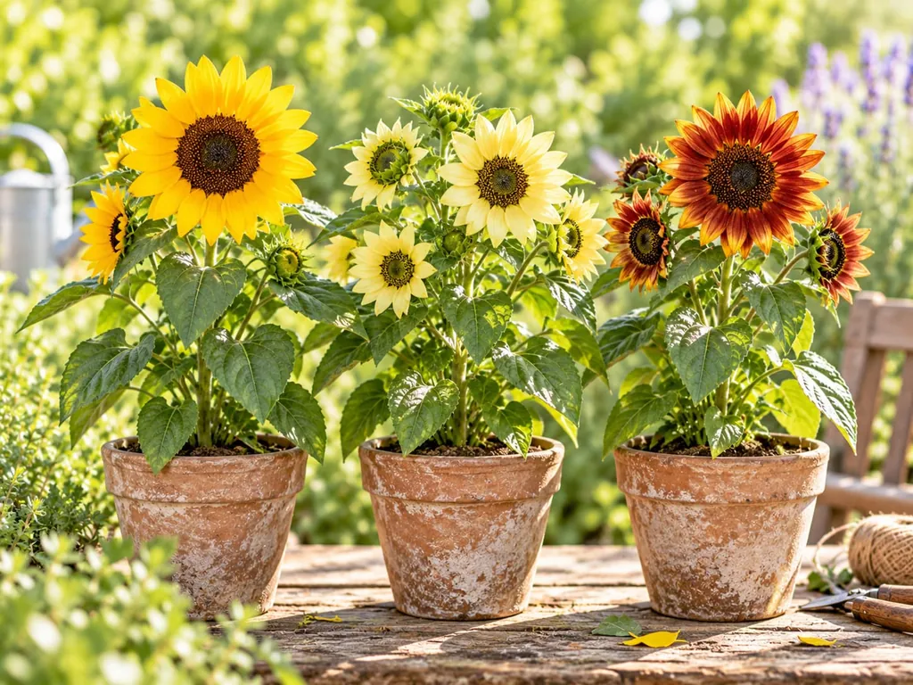 Mehrere Sonnenblumensorten nebeneinander in Tontöpfen, von hellgelb bis dunkelrot