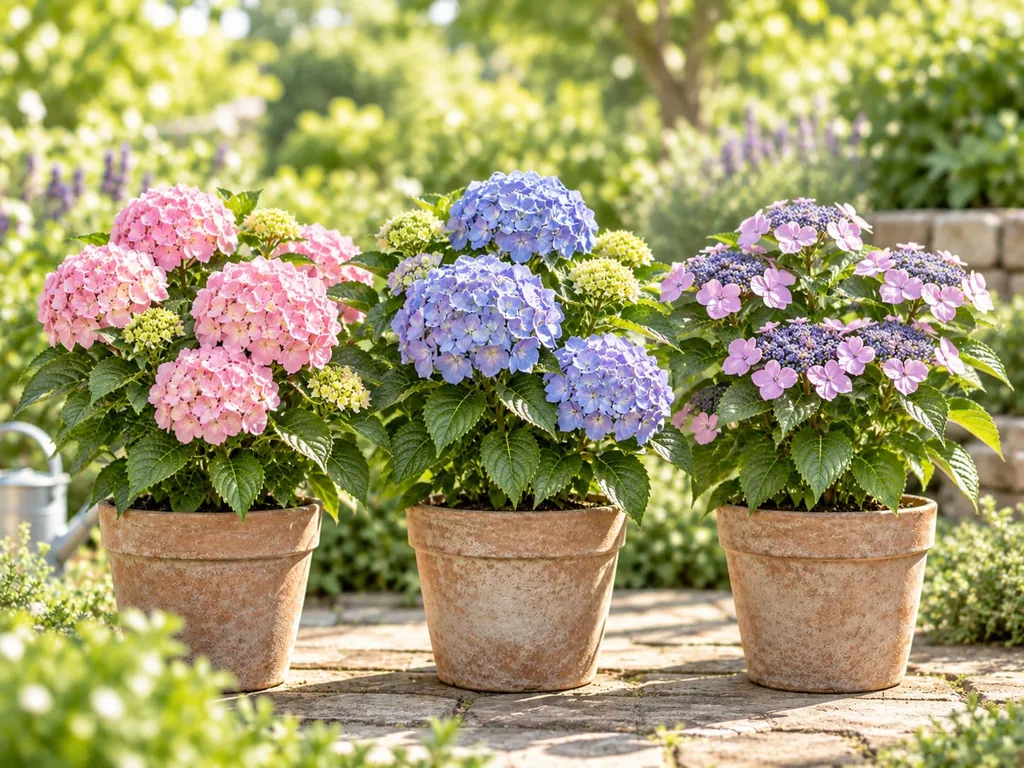 Mehrere Hortensien in Tontöpfen nebeneinander, mit rosa, blauen und violetten Blüten