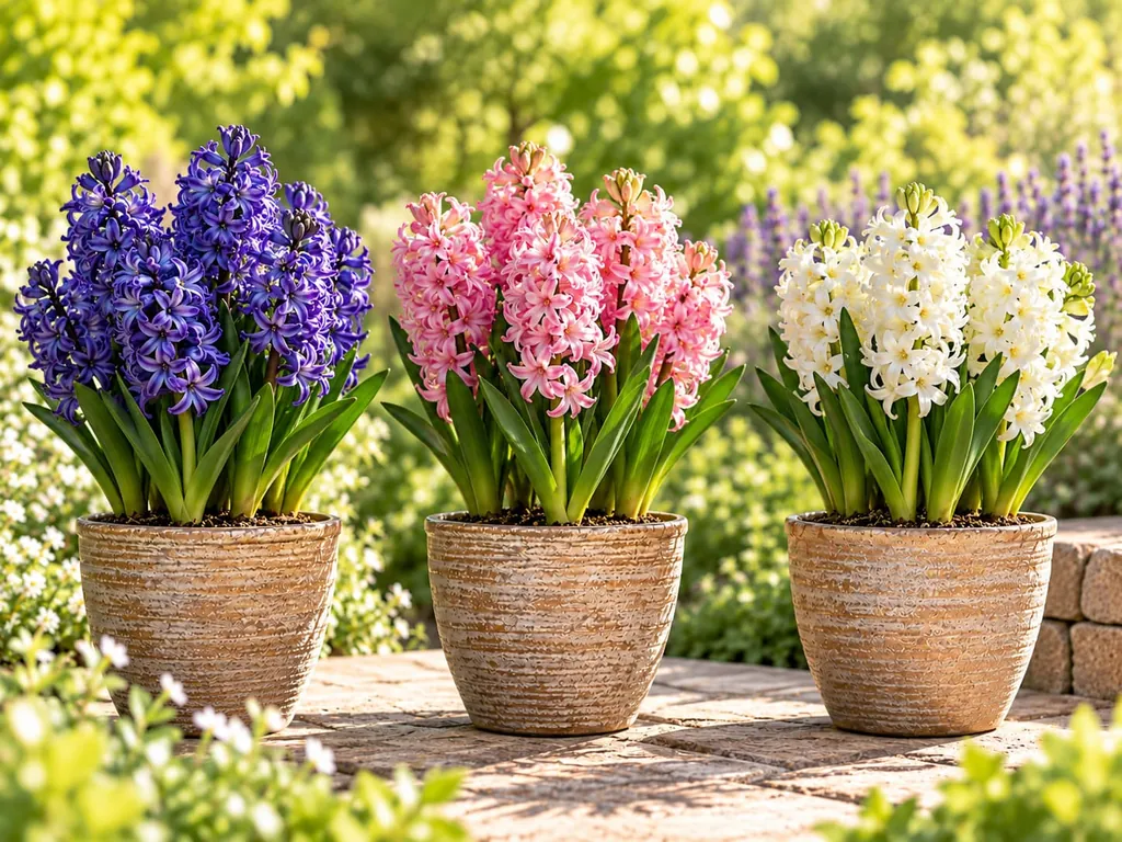 Drei Hyazinthensorten in Töpfen nebeneinander, mit blauen, rosa und weißen Blüten
