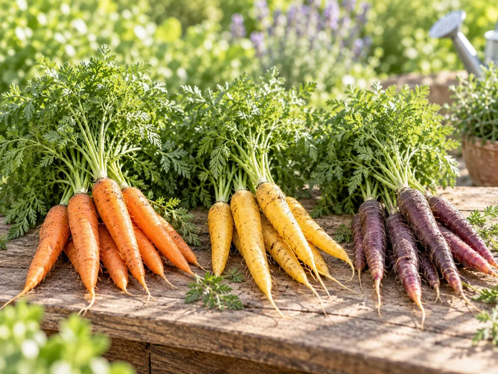 Karottenbündel in Orange, Gelb und Violett nebeneinander auf einem Holztisch