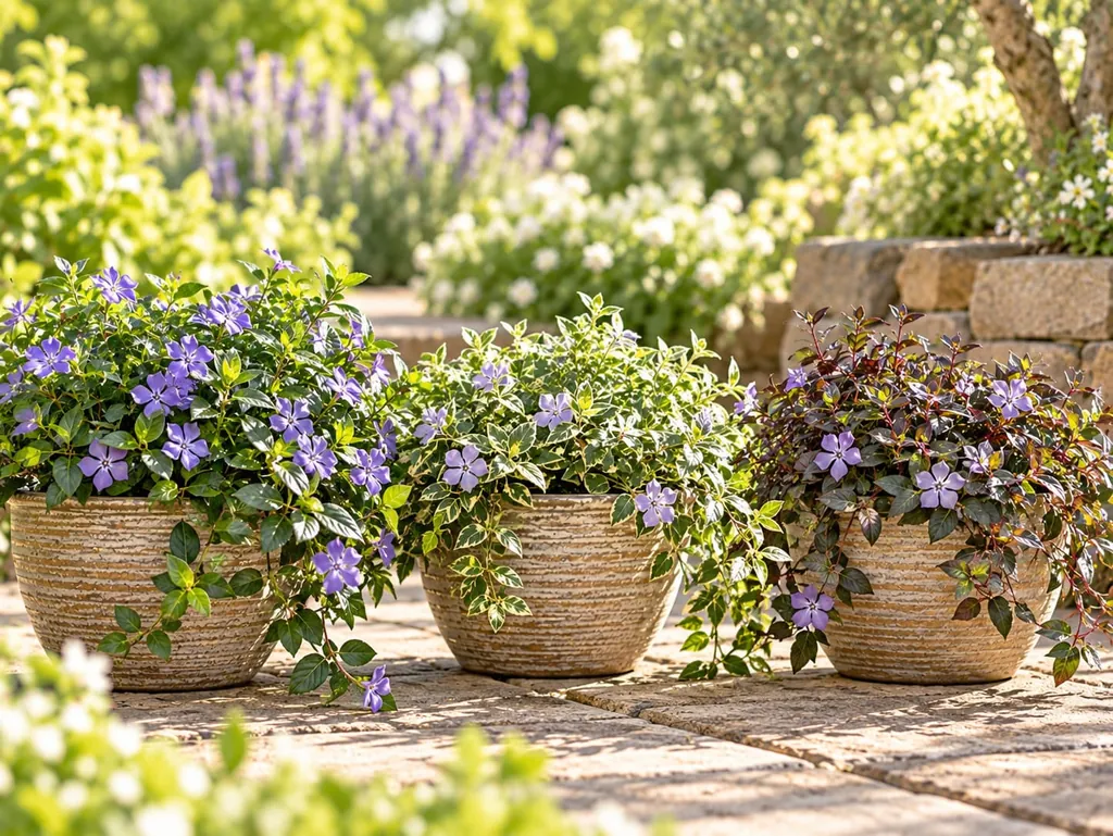 Drei Immergrün-Pflanzen in Töpfen nebeneinander, mit blauen und violetten Blüten