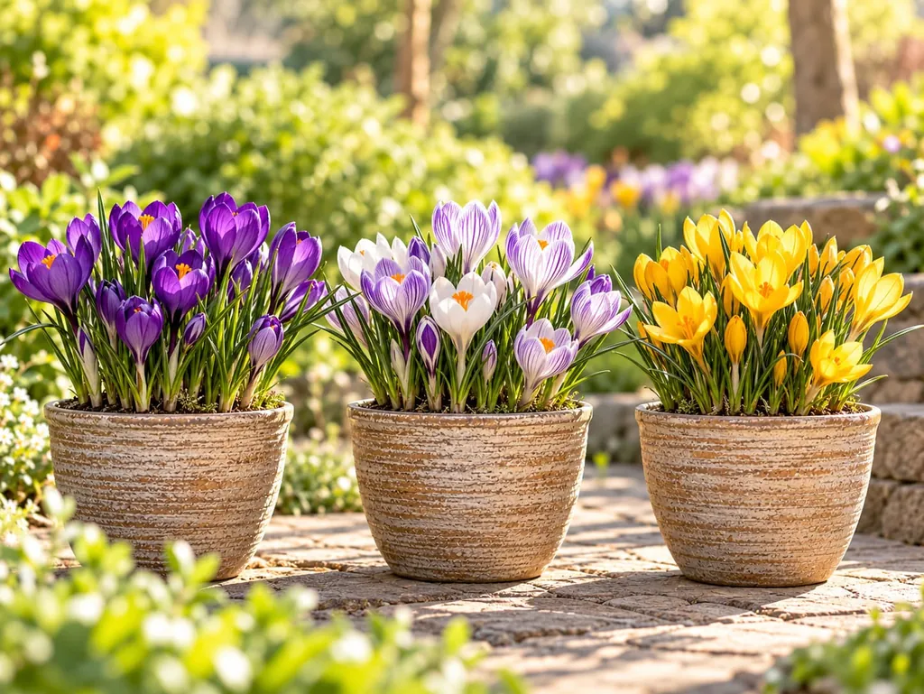 Drei Krokussorten in Töpfen nebeneinander, mit violetten, hellvioletten und gelben Blüten