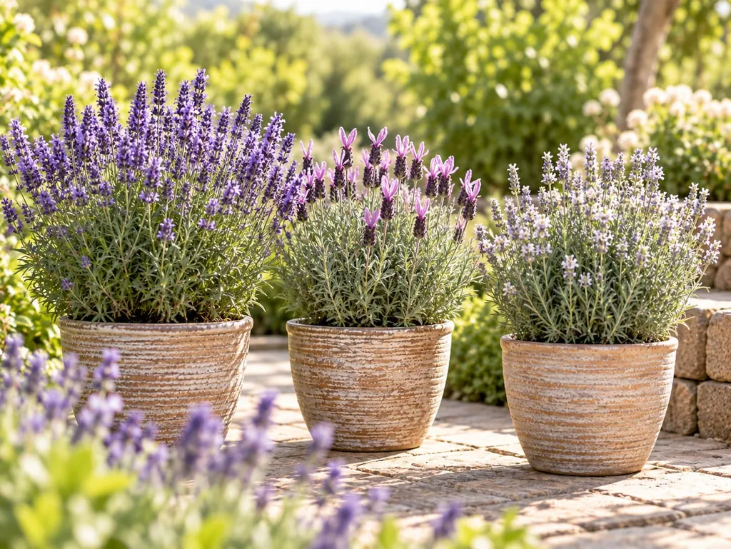 Drei Lavendelpflanzen in Töpfen nebeneinander, mit dunkelvioletten, violetten und hellen Blüten