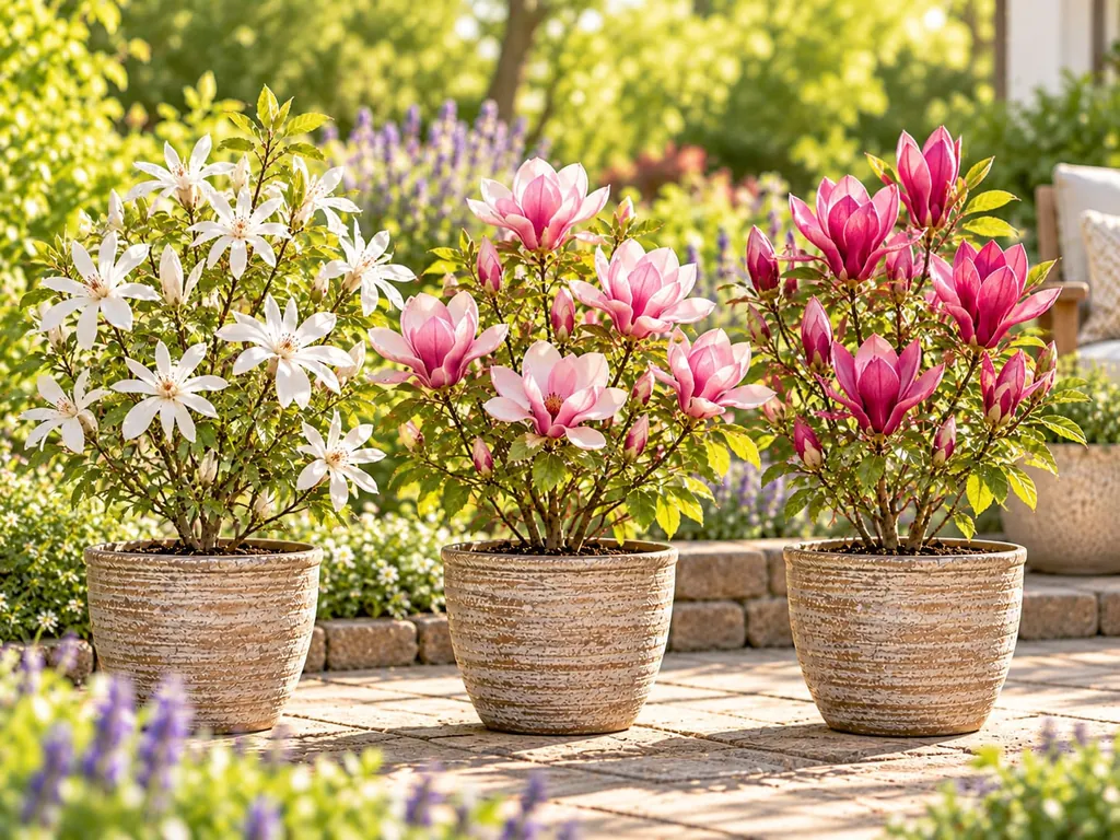 Drei Magnolien in Töpfen nebeneinander, mit weißen, rosa und purpurnen Blüten