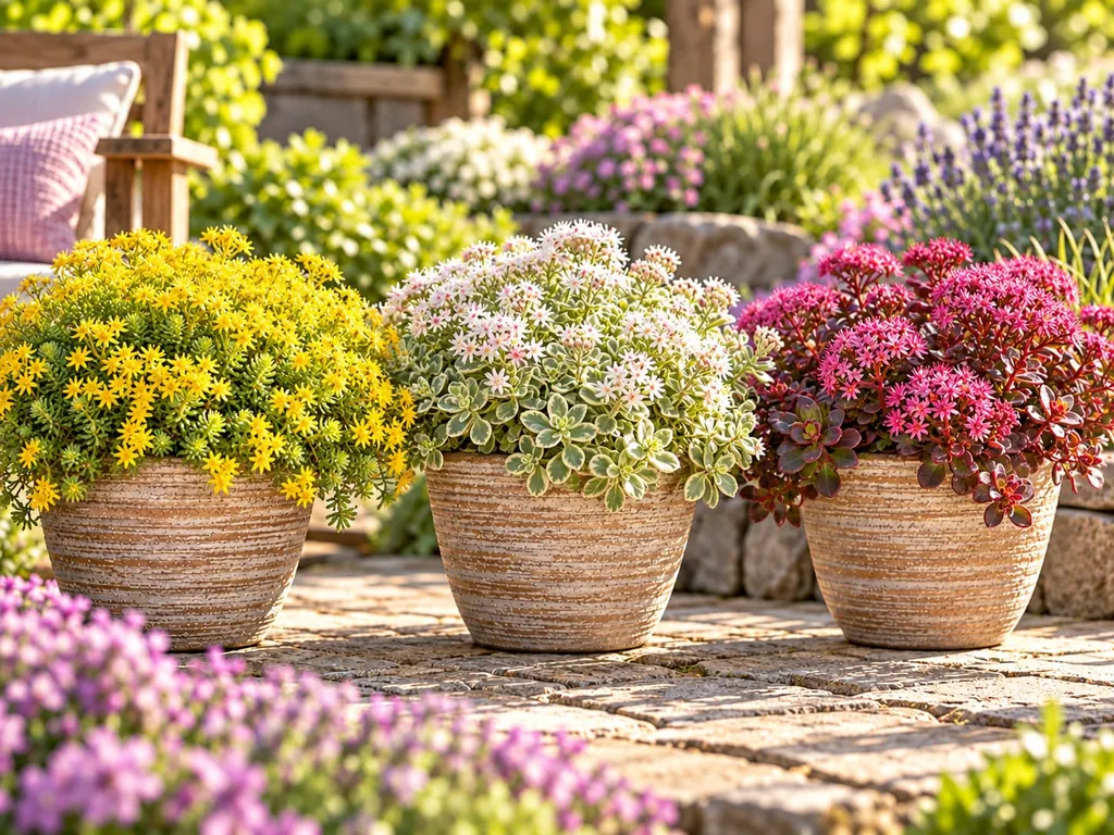 Drei Sedum-Arten in Töpfen nebeneinander, mit gelben, hellrosa und roten Blüten