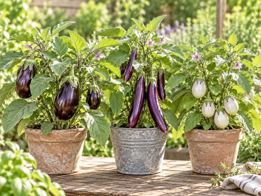 Melanzanipflanzen in Töpfen nebeneinander, mit dunkelvioletten, gestreiften und weißen Früchten