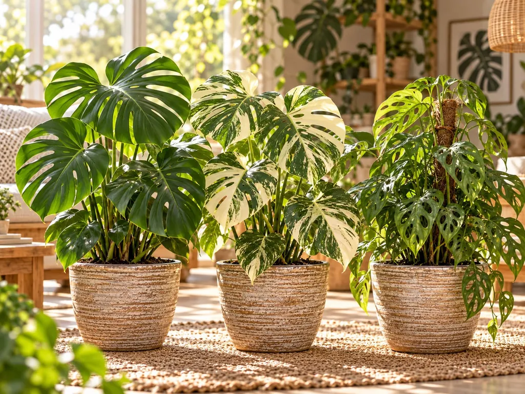 Drei Monstera-Pflanzen in Töpfen nebeneinander, eine davon mit weiß panaschierten Blättern