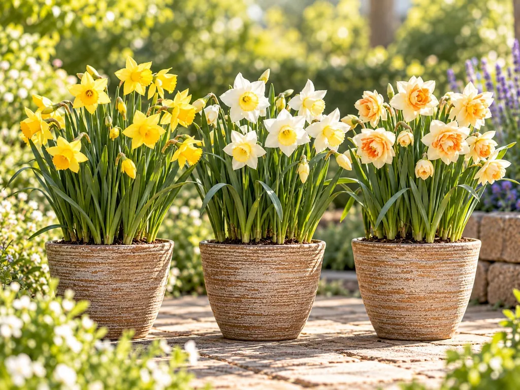 Drei Narzissensorten in Töpfen nebeneinander, mit gelben, weißen und cremefarbenen Blüten