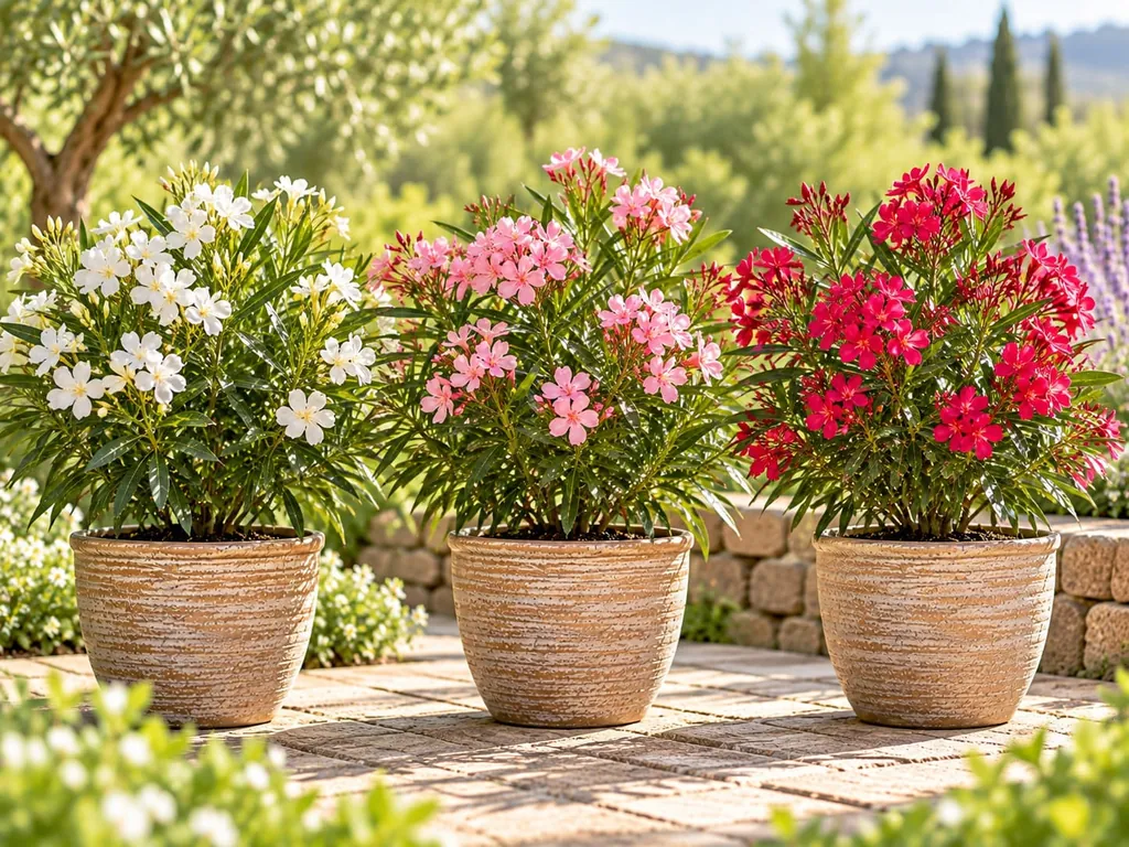 Drei Oleander in Töpfen nebeneinander, mit weißen, rosa und roten Blüten