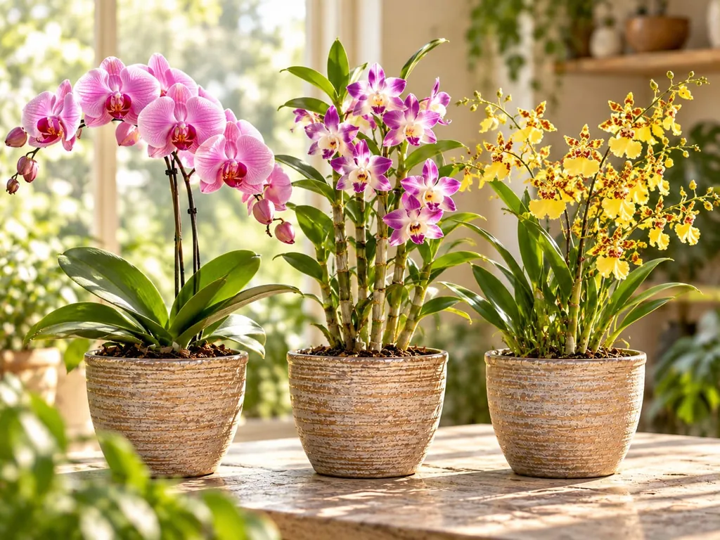 Drei Orchideen in Töpfen nebeneinander, mit rosa, pink gefleckten und gelben Blüten