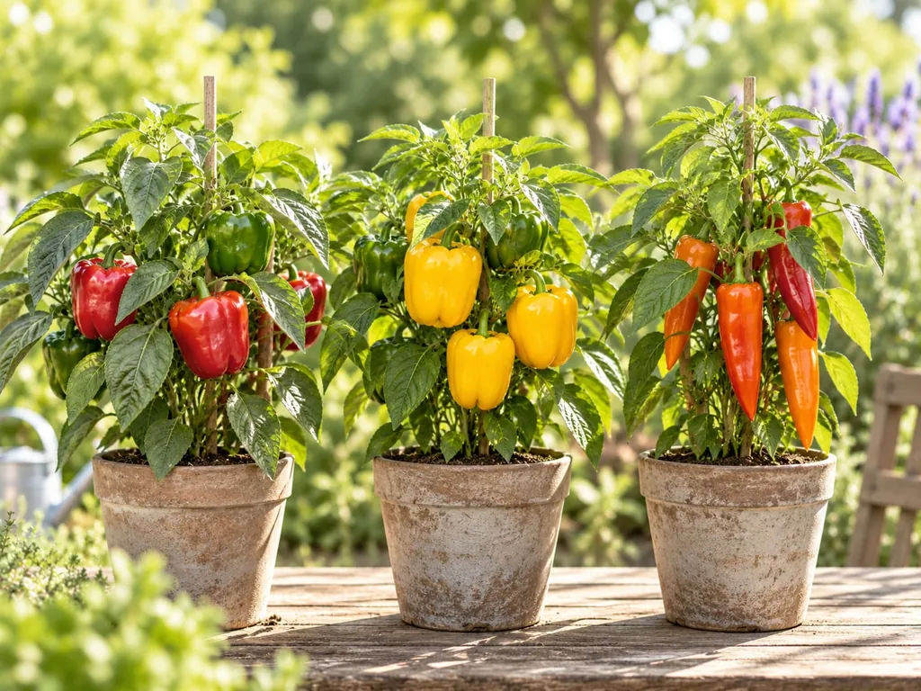 Paprikapflanzen in Töpfen nebeneinander, mit roten, gelben und orangen Früchten