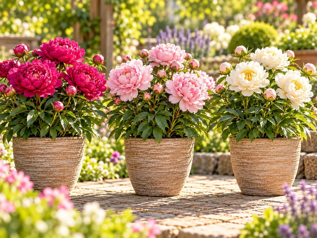 Drei Pfingstrosensorten in Töpfen nebeneinander, mit pinken, rosa und weißen Blüten