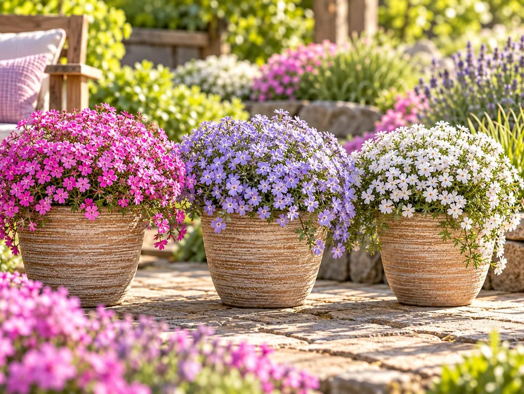 Drei Polsterphlox-Sorten in Töpfen nebeneinander, mit pinken, hellblauen und weißen Blüten