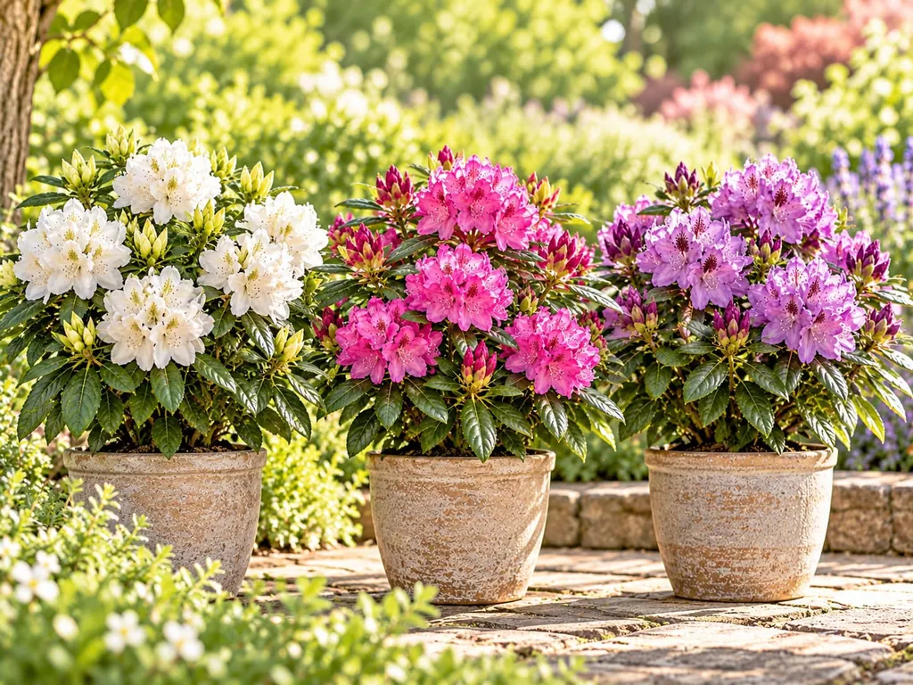 Drei Rhododendren in Töpfen nebeneinander, mit weißen, pinken und violetten Blüten