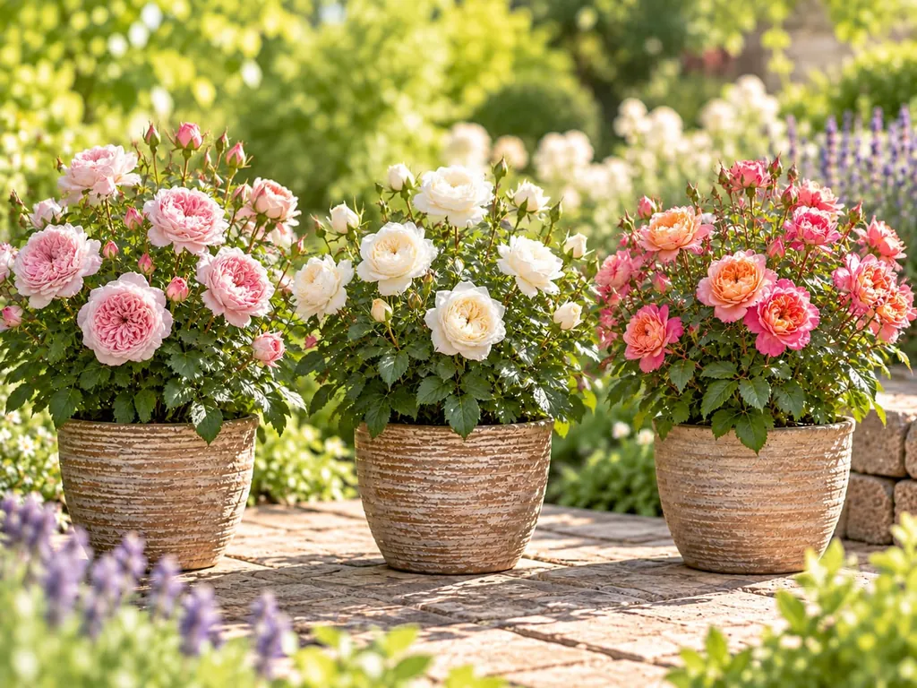 Drei Rosensorten in Töpfen nebeneinander, mit rosa, cremeweißen und lachsfarbenen Blüten