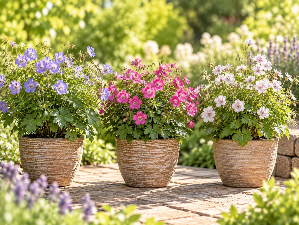 Drei Storchschnabel-Sorten in Töpfen nebeneinander, mit violetten, pinken und hellen Blüten