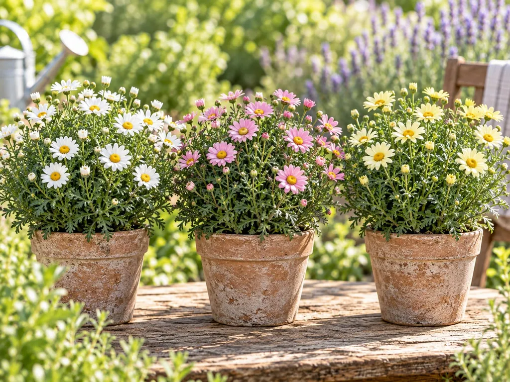 Mehrere Strauchmargeriten in Töpfen nebeneinander, mit weißen und rosa Blüten