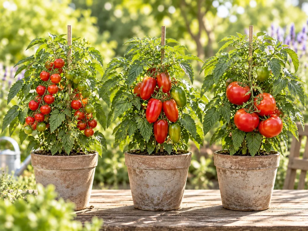 Tomatenpflanzen in Töpfen nebeneinander, mit Cocktail-, Flaschen- und Fleischtomaten