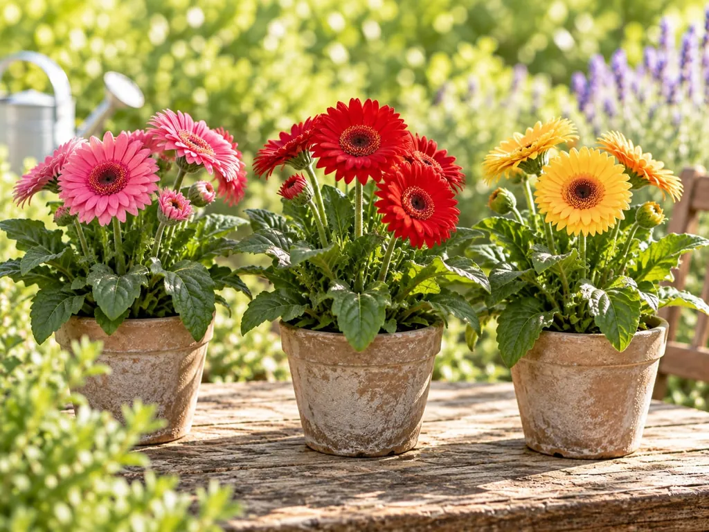 Mehrere Topfgerbera nebeneinander in Töpfen, mit rosa, roten und gelben Blüten