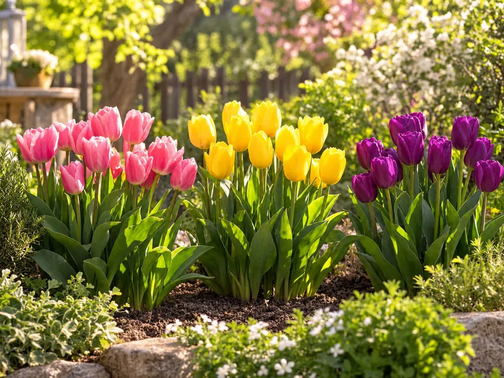 Tulpen in Rosa, Gelb und Dunkelviolett nebeneinander in einem Frühlingsbeet