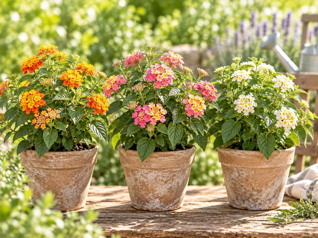Mehrere Wandelröschen nebeneinander in Töpfen, mit gelben, orangen und rosa Blüten