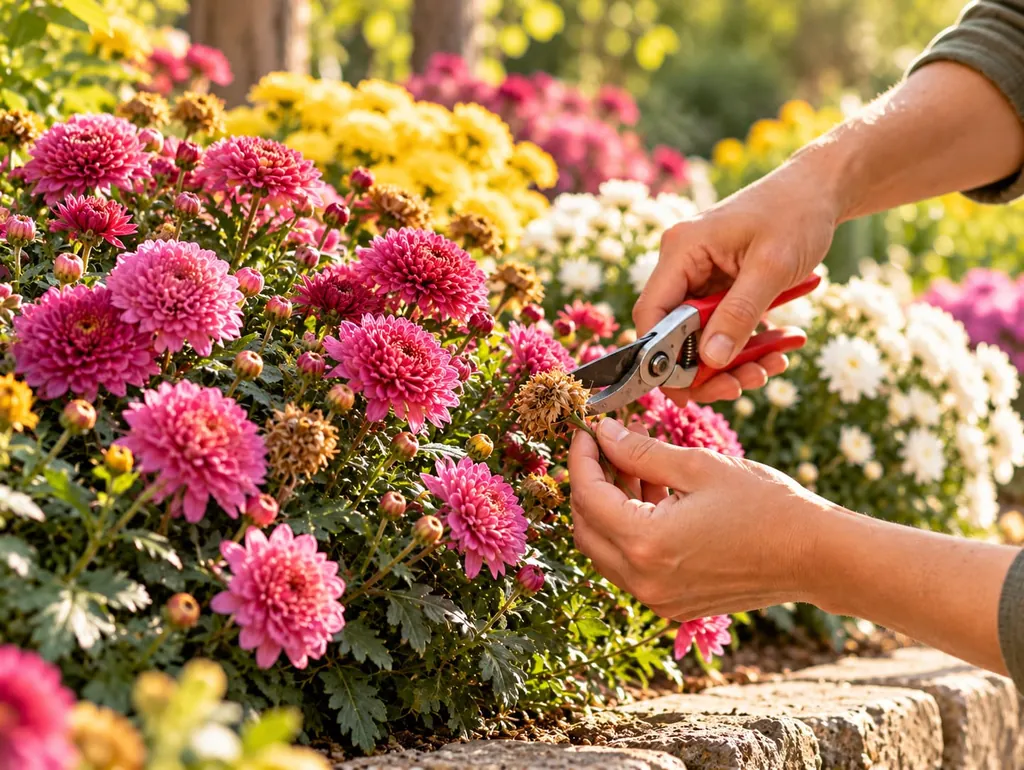 Hände schneiden mit der Gartenschere eine verblühte Blüte aus Chrysanthemen in einem Beet