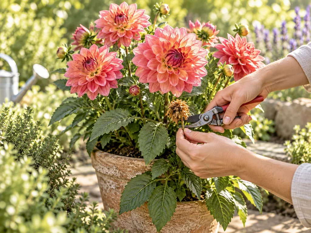 Eine Hand schneidet mit der Gartenschere eine verblühte Dahlienblüte ab
