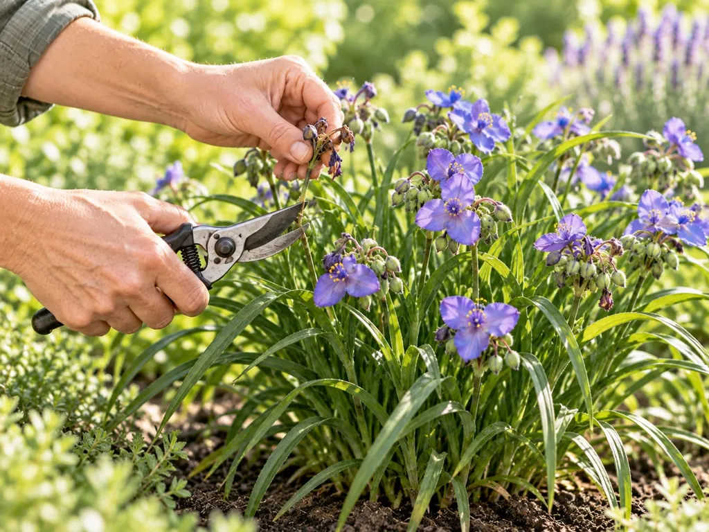 Hände schneiden mit der Gartenschere verblühte Triebe einer Dreimasterblume zurück