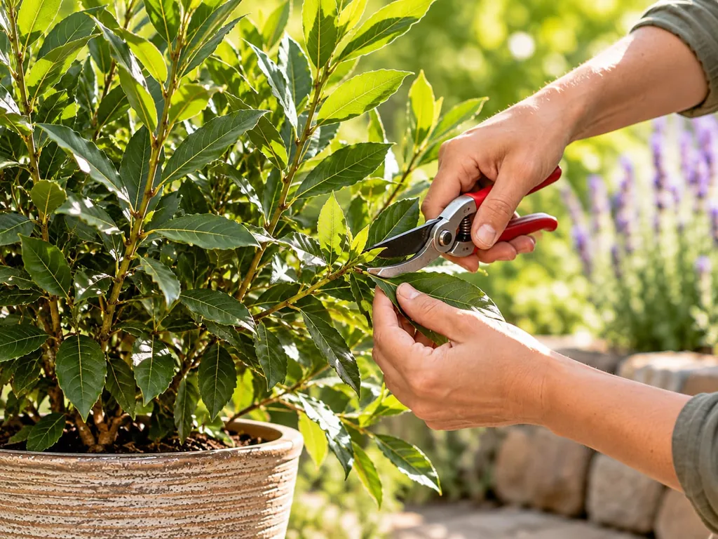 Hände schneiden mit der Gartenschere einen Trieb eines Lorbeerbuschs im Topf