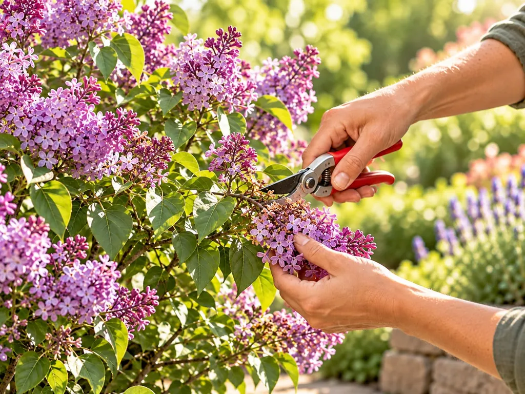 Hände schneiden mit der Gartenschere eine verblühte Rispe aus einem violetten Flieder