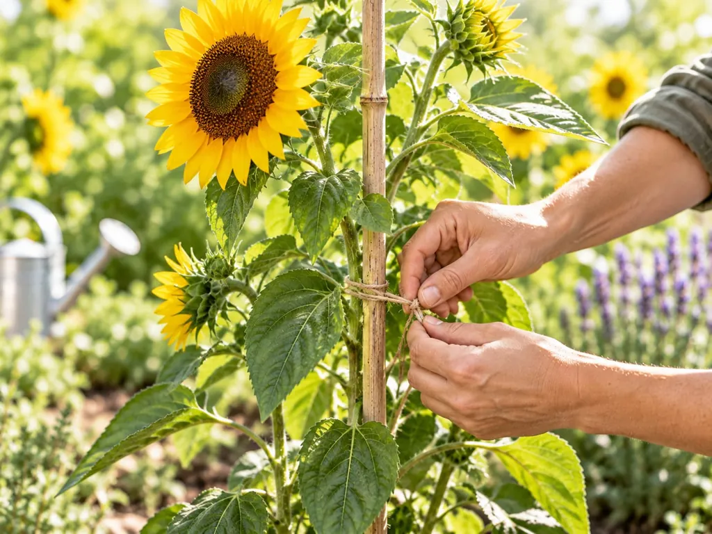 Hände binden den Stängel einer Sonnenblume an einen Holzstab