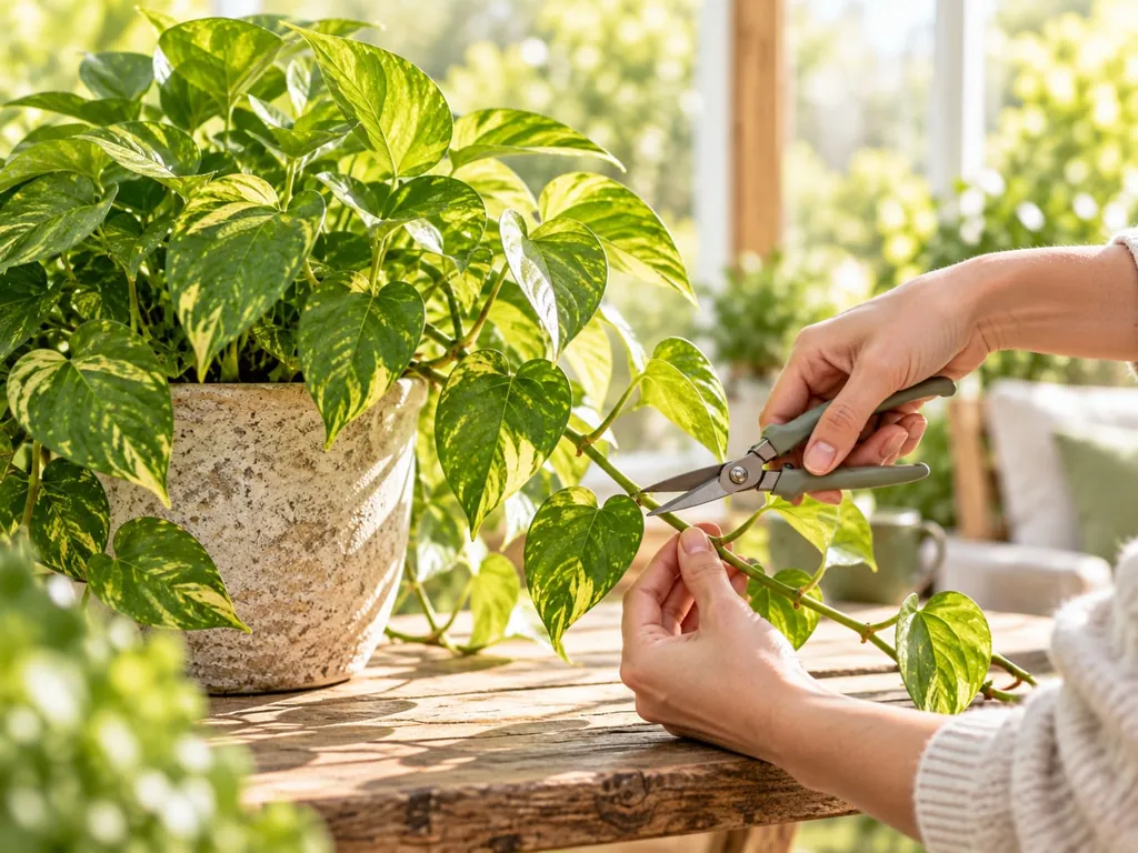 Eine Hand kürzt mit der Gartenschere eine Ranke der Goldenen Efeutute