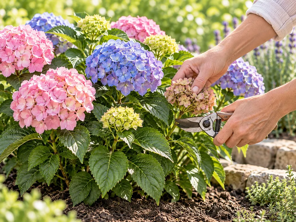 Hände schneiden mit der Gartenschere eine verblühte Hortensienblüte ab