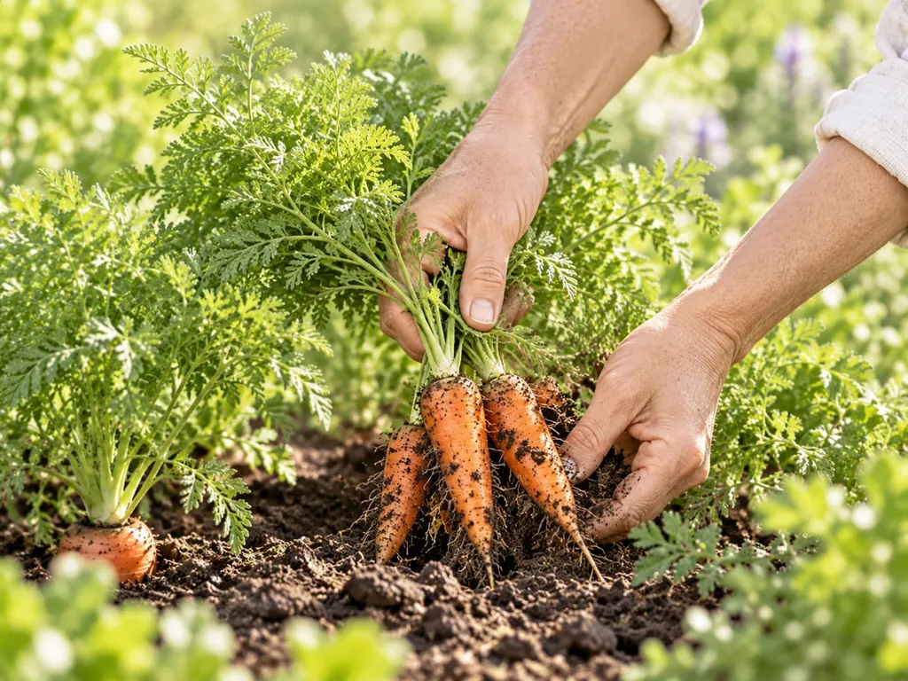 Hände ziehen ein Bündel Karotten aus der Gartenerde
