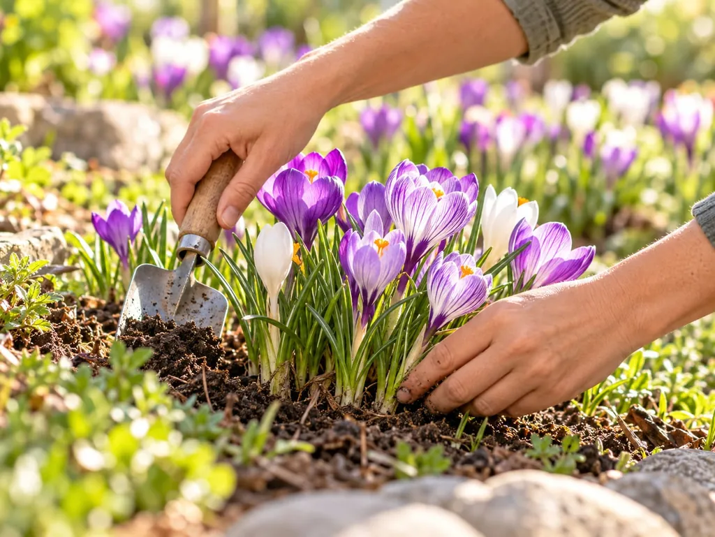 Hände setzen mit einer kleinen Schaufel Krokusse in ein Beet