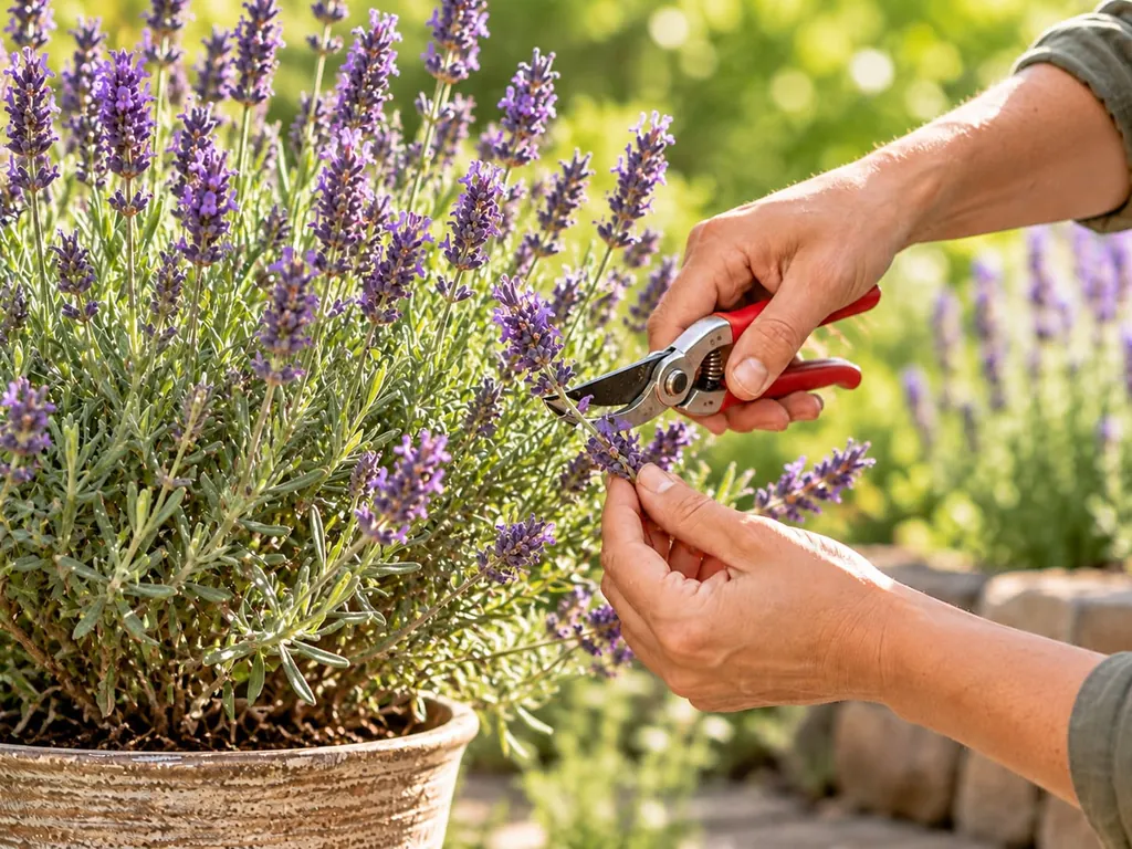 Hände schneiden mit der Gartenschere verblühte Ähren aus einem Lavendel im Topf