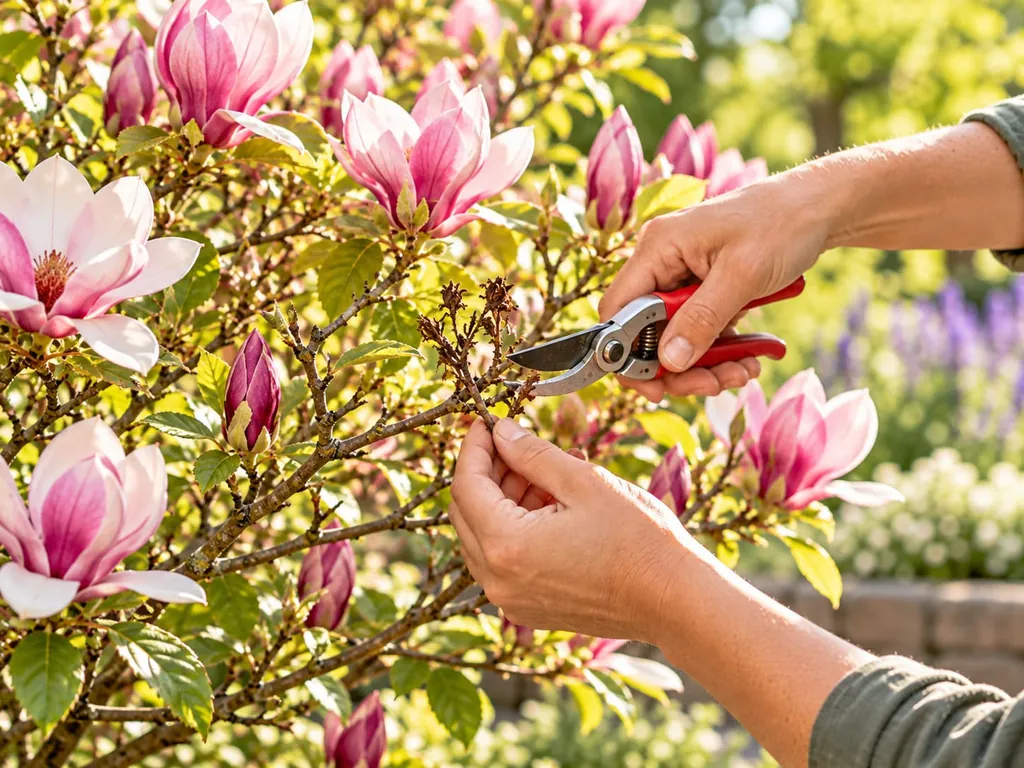 Hände schneiden mit der Gartenschere einen Zweig einer rosa blühenden Magnolie