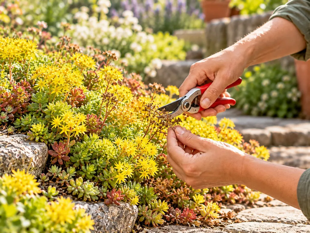 Hände schneiden mit der Gartenschere Triebe eines gelb blühenden Mauerpfeffers an einer Steinkante