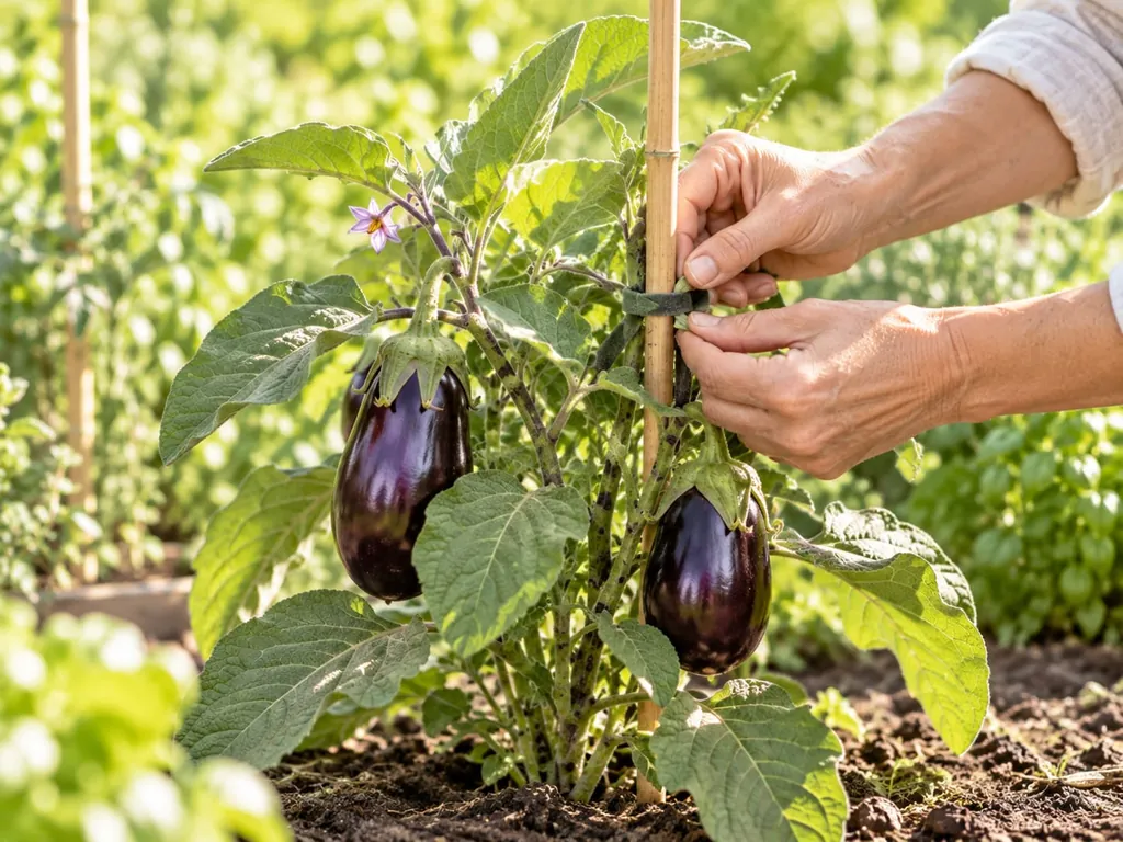 Eine Hand bindet den Trieb einer Melanzanipflanze mit reifen Früchten an einen Stab