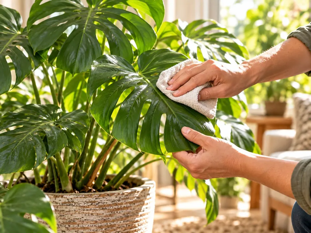 Eine Hand wischt mit einem Tuch ein großes Blatt einer Monstera ab