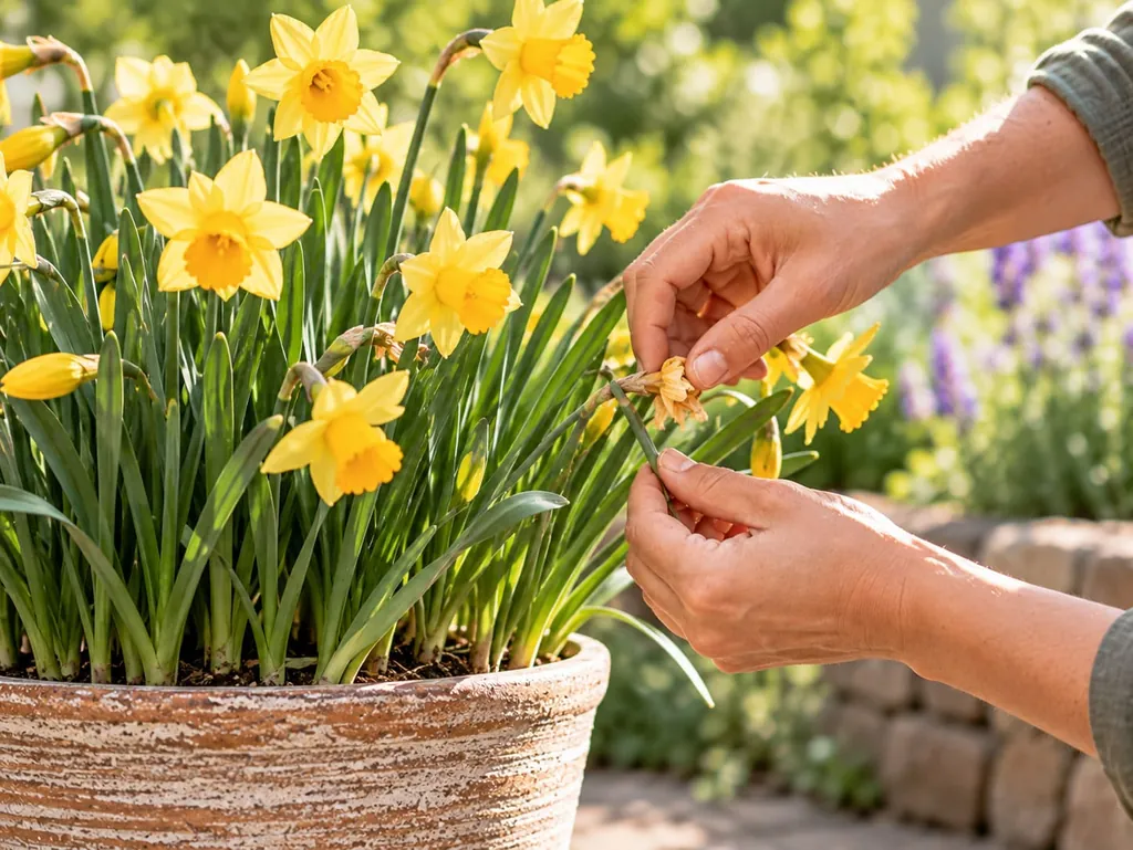 Hände knipsen verblühte Blüten aus gelben Narzissen im Topf ab