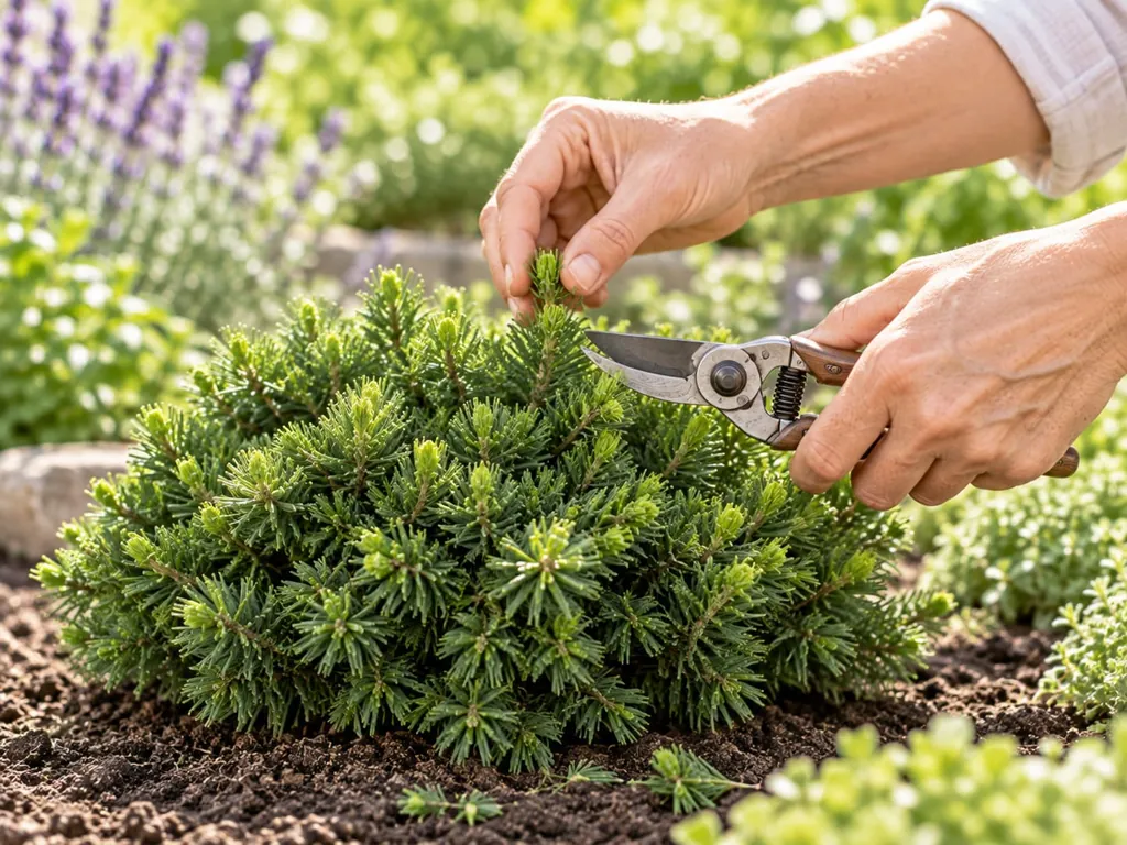 Hände schneiden mit der Gartenschere die Triebspitzen einer Nestfichte