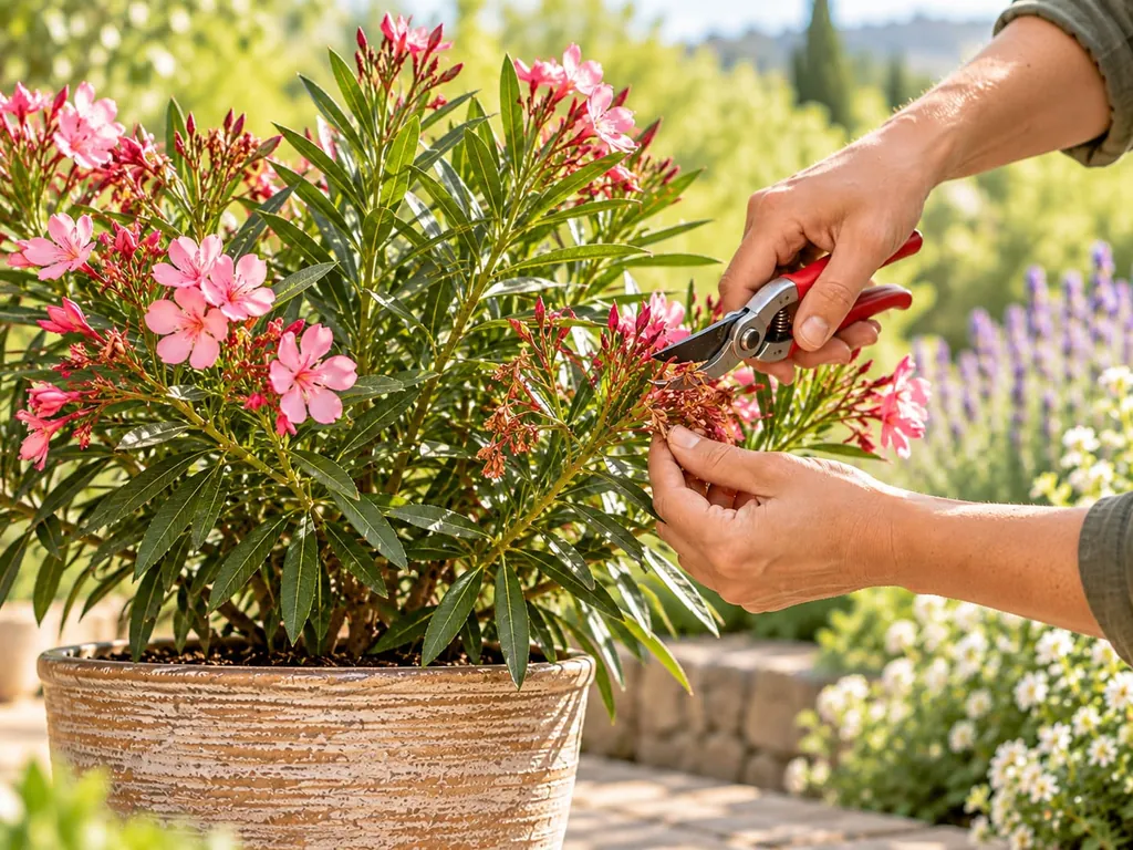 Hände schneiden mit der Gartenschere einen Trieb eines rosa blühenden Oleanders im Topf