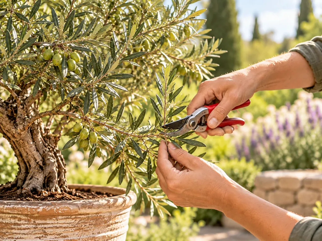 Hände schneiden mit der Gartenschere einen Zweig eines Olivenbaums im Topf