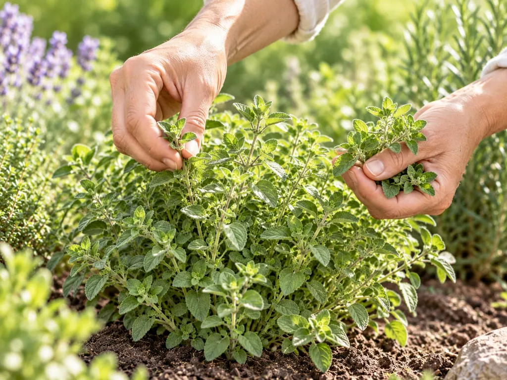 Hände ernten von Hand Triebe von einer Oreganopflanze im Beet