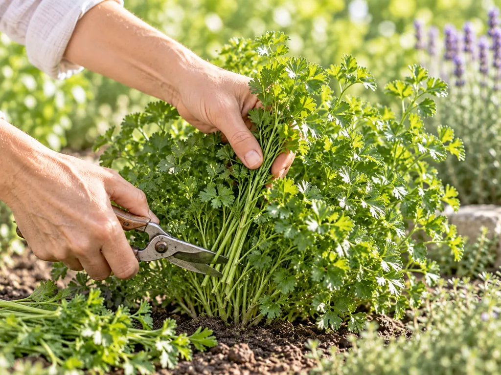 Eine Hand schneidet mit der Gartenschere ein Bündel Petersilie