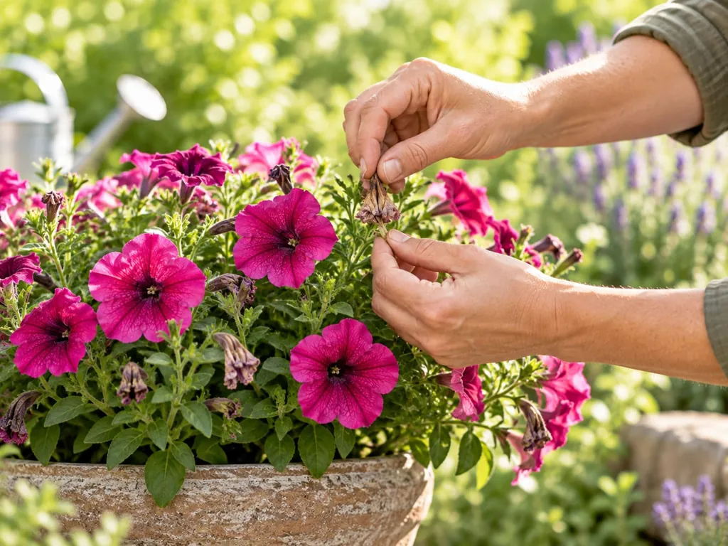 Hände putzen verblühte Blüten aus einer Petunie im Topf aus